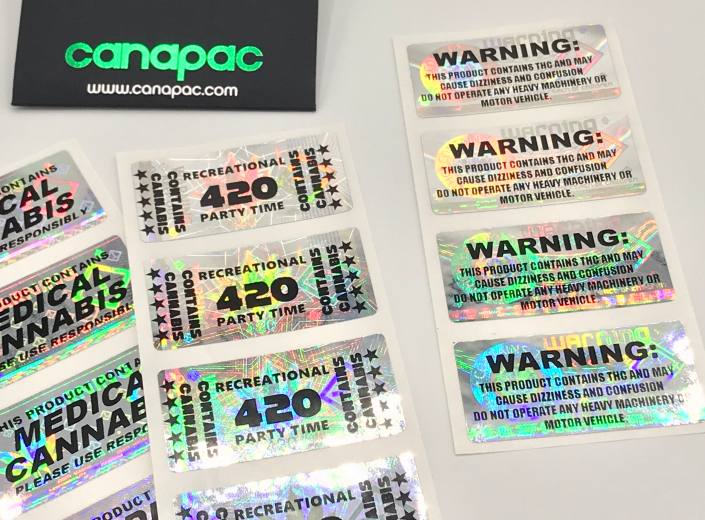 Stock security image this is a sample of our original canapac holographic warning labels. Each one boasts keep out of reach of children and each one is uniquely as intricate and flashy as the next. We over printed the samples to show how you could showcase your own logo or include vital information to your packaging over any of our holograms. The brilliant design of these labels makes for a very flashy packaging however there is more of I need now for a basic clinical label and that’s why we developed our holographic secure CANNABIS design in virtually any shape or size.
